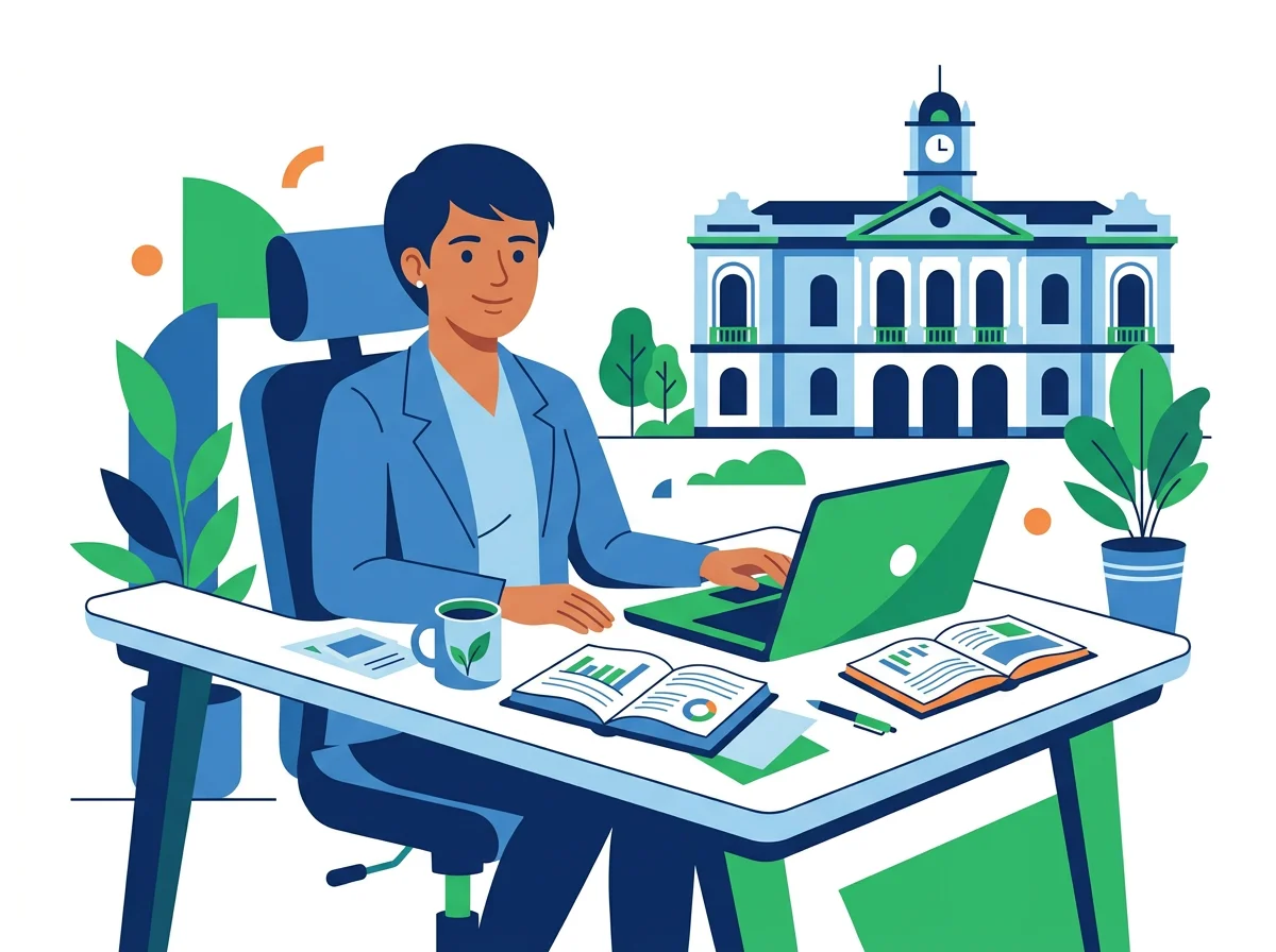 Ilustração de um candidato estudando com a prefeitura ao fundo